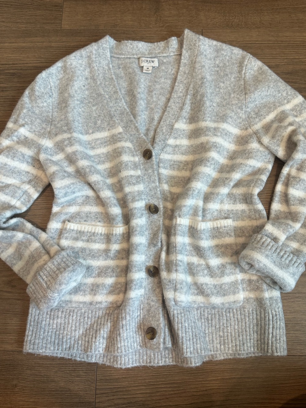 J. Crew Light Gray and White Striped Button-Front Cardigan